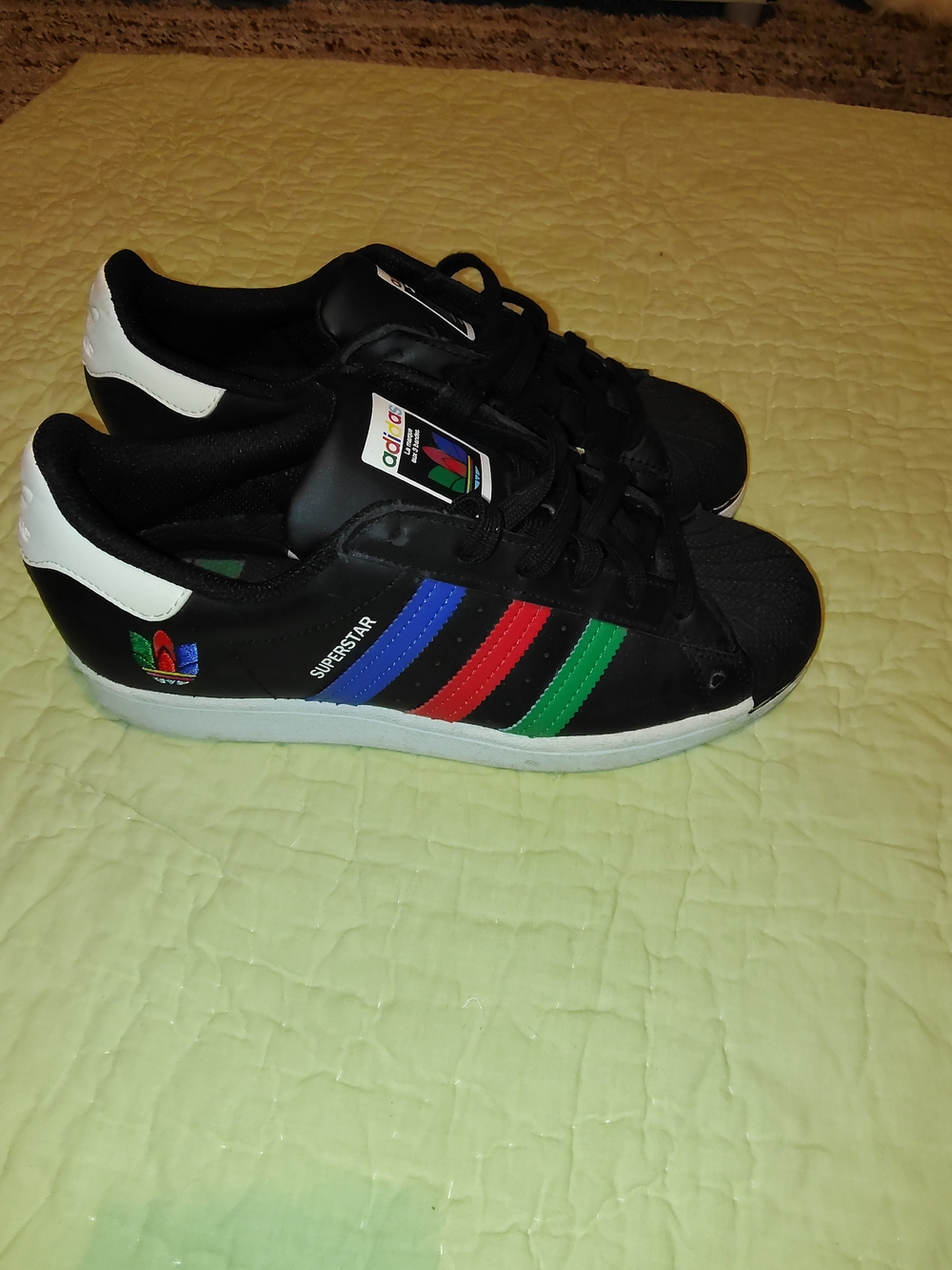 adidas Black Superstar Sneakers with Blue, Red & Green Stripes